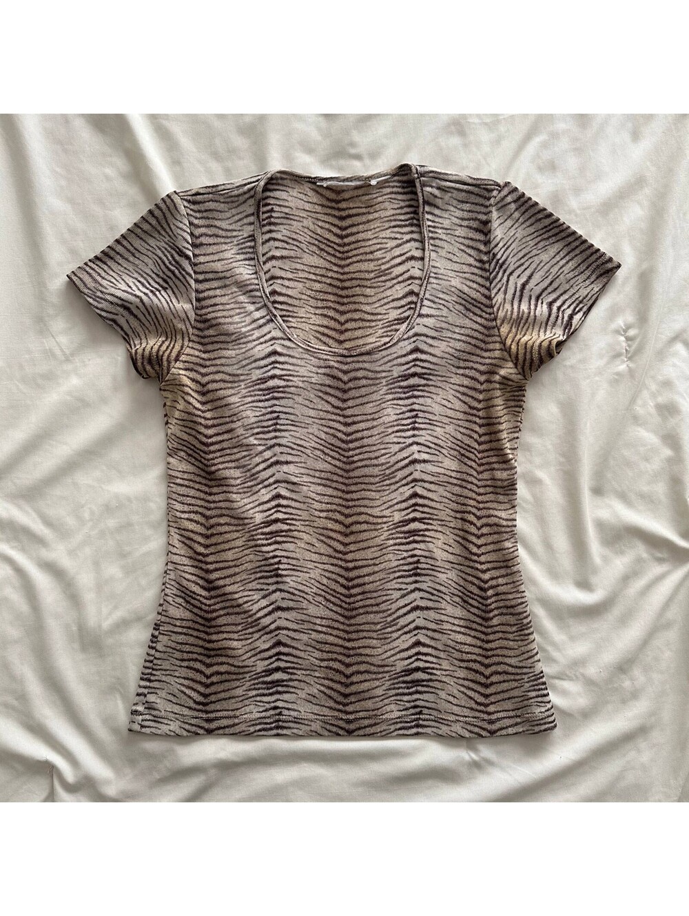 Y2K 2000s Animal Print Scoop Neck Mesh T-Shirt Women's M